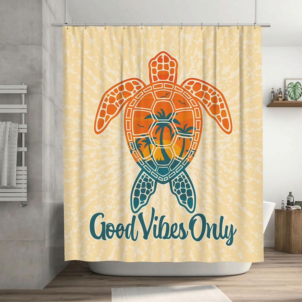 Sunset Sea Turtle Shower Curtain: Good Vibes Only Beach Decor with Palm Trees Yellow Bath Mat Set for Bathroom