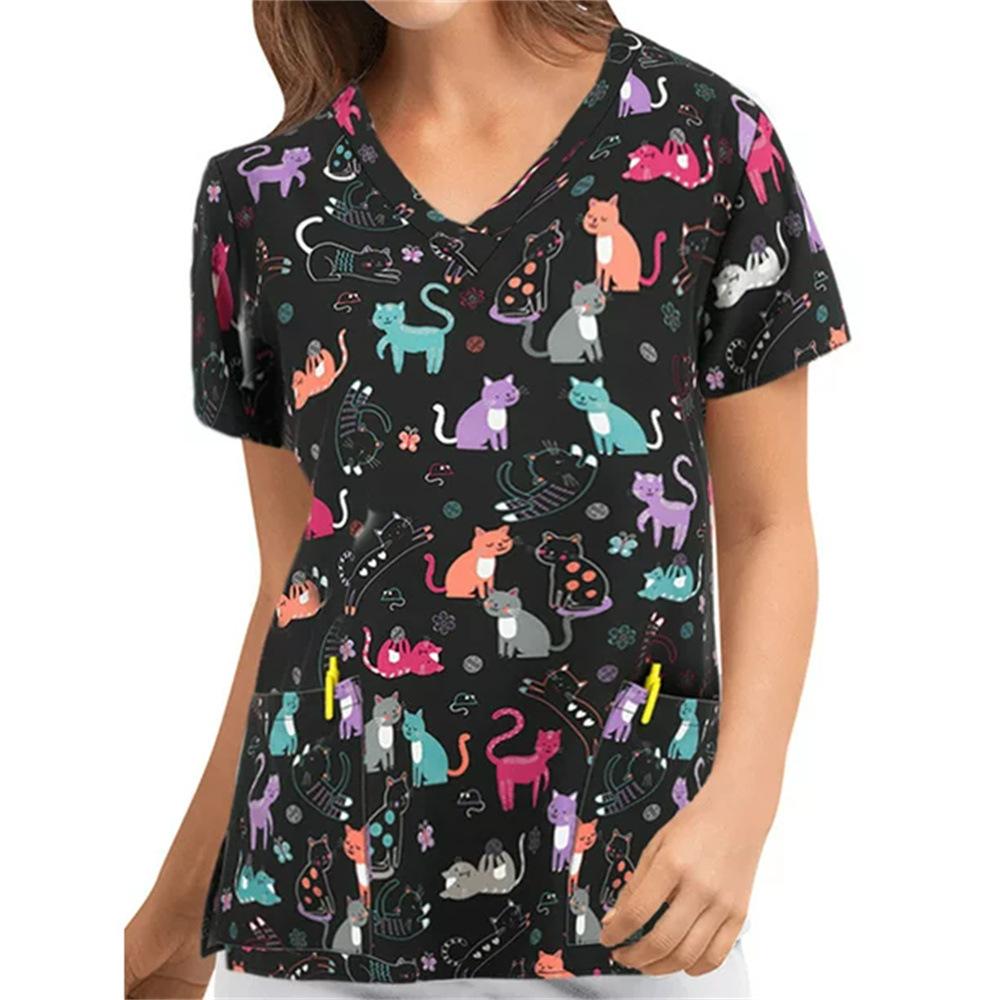 Women's T-shirt V-neck Nurse Uniform Casual and Comfortable Short Sleeved Women's Dreamy Printed T-shirt