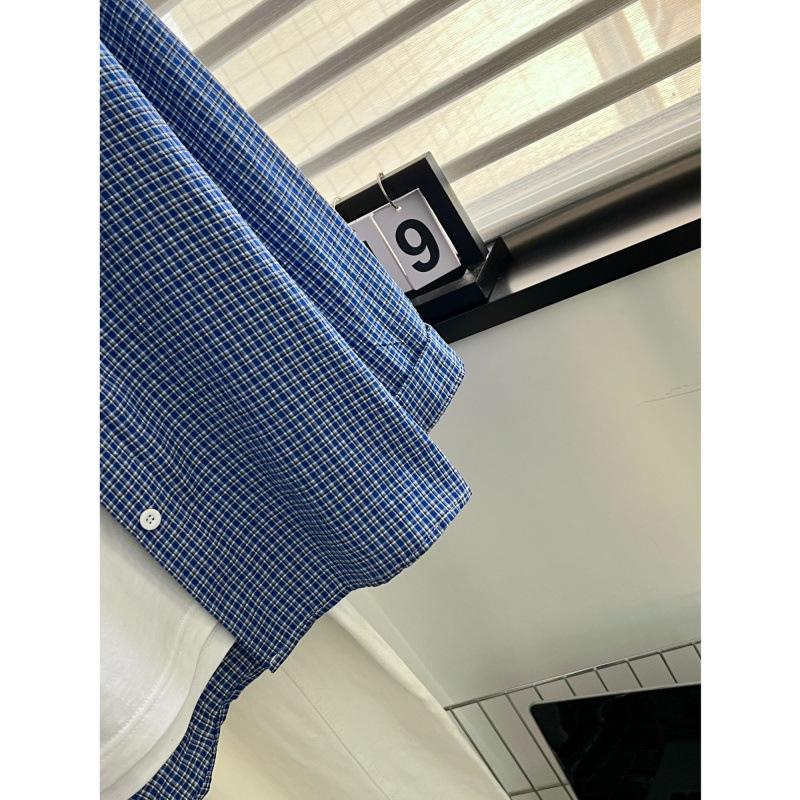 Man Jiang Yue Women's Korean Style Blue Plaid Long Sleeve Polo Shirt Cardigan