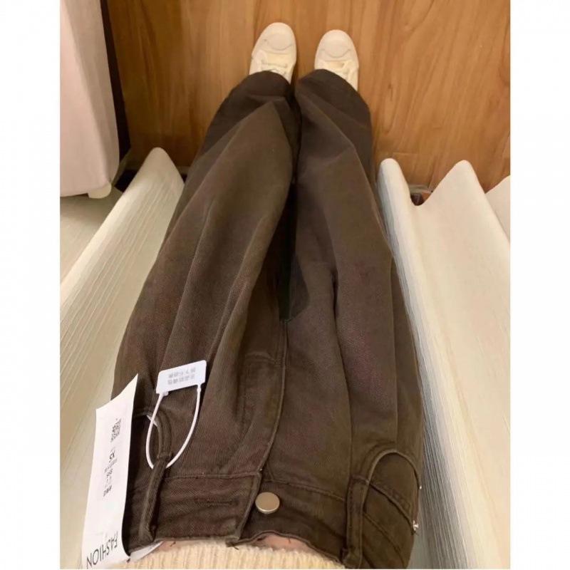 

Coffee pleated design jeans women s spring and autumn new retro high waist loose drape floor wide leg pants 2XL темно-коричневого