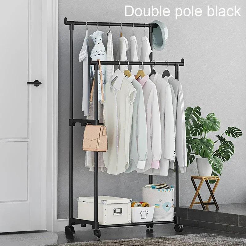 Movable Coat Rack Double Clothes Shelf Simple Rod Clothes Floor-Standing Bedroom Telescopic Floor Hangers Storage Coat Rack