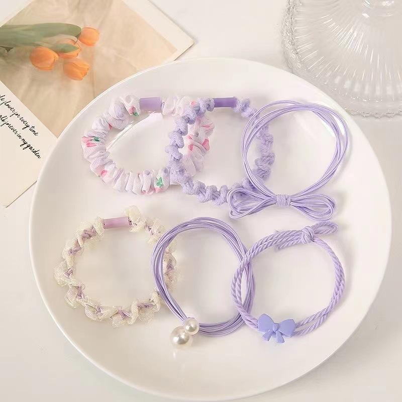 6PCS Ring Combination Mixed with Small Rubber Band Headband Cute Hairstring Women Set High Temperament Ponytail Hair Accessory