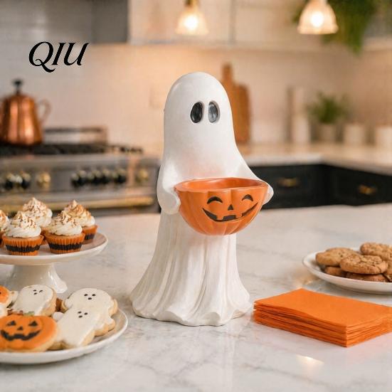 Holiday Party Buffet Tableware Resin Ghost Statue with Pumpkin Candy Bowl, Cute Figurine, Trick Spooky Season Entryway Accents or Treat Holder