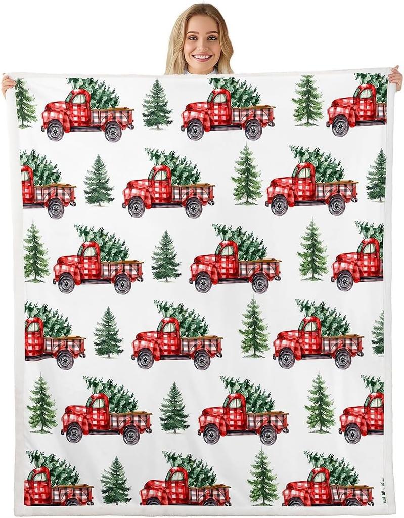 Christmas Throw Blanket Watercolor Red Truck Decor Fleece Blanket for Kids Teens Adults Green Xmas Trees Yellow Polka Dots Fuzzy