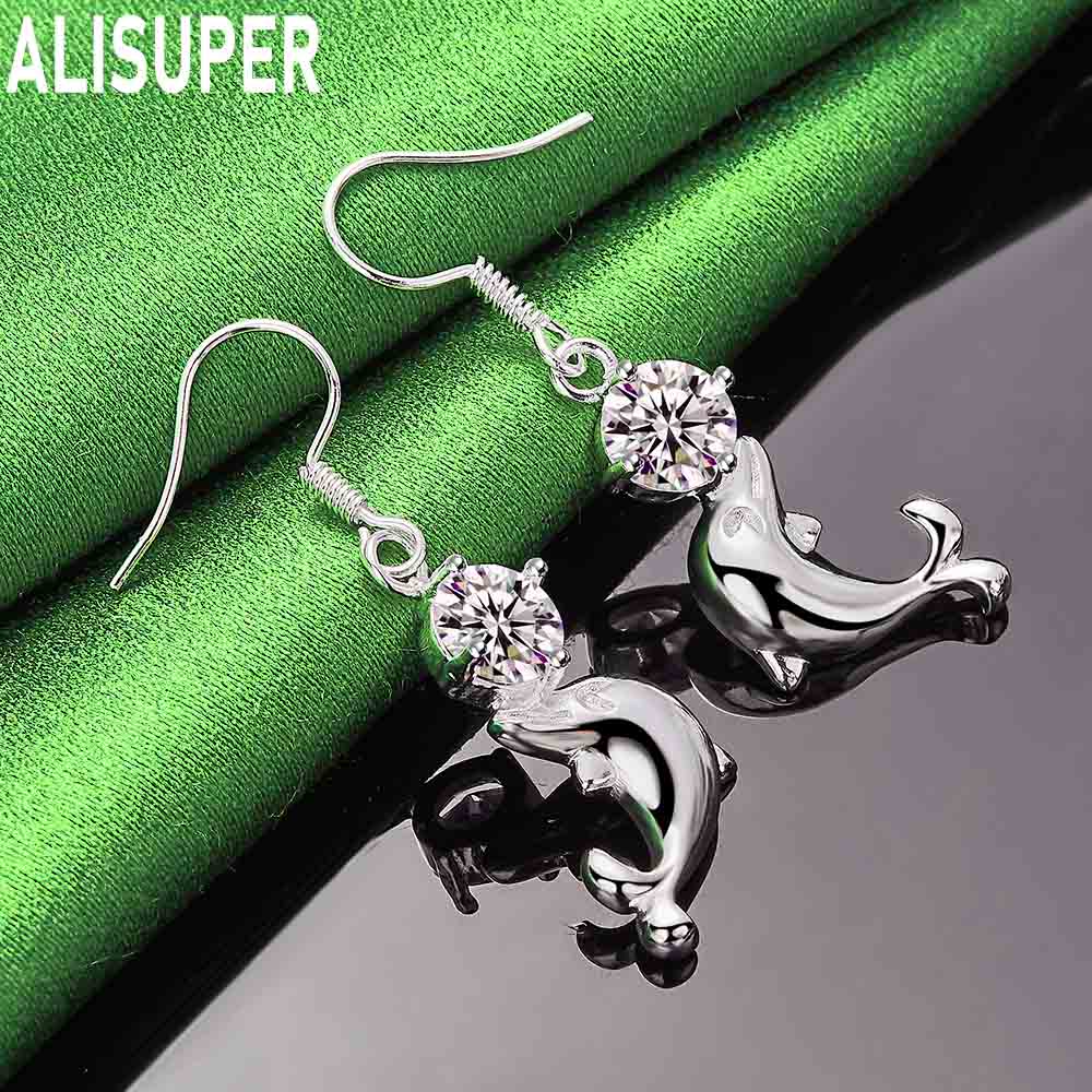925 Sterling Silver AAA Zircon Dolphin Piercing Earrings Fashion Charm Wedding Jewelry