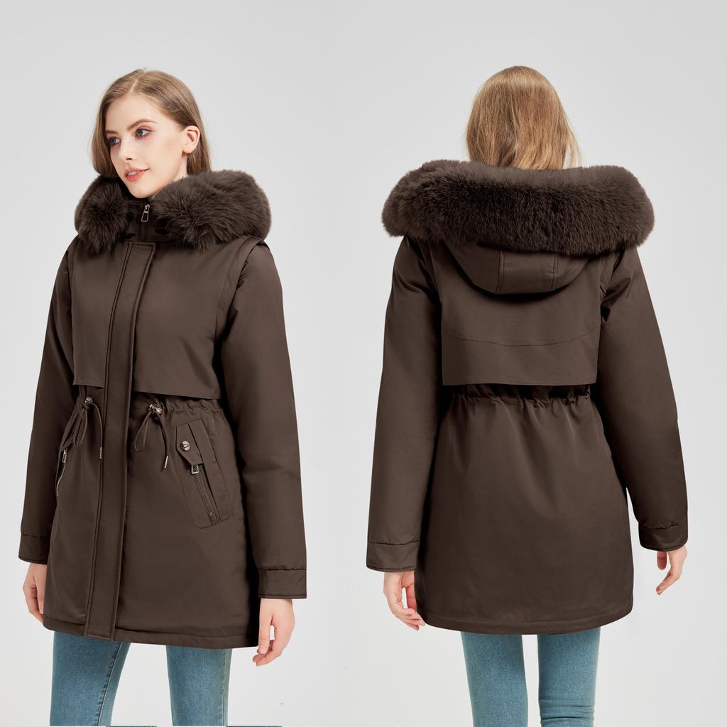 New Winter New Velvet and Thickened Parka Cotton Jacket for Women, Mid-length Fur Collar Cotton Jacket