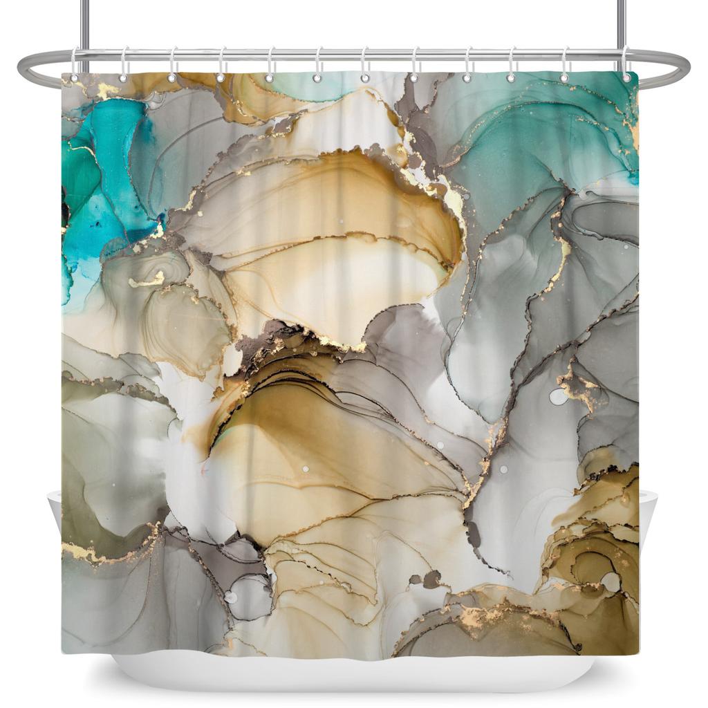Luxury Marble Texture Shower Curtain Abstract Geometric Print Bath Curtain For Bathroom Decor Modern Minimalist Design With Hook