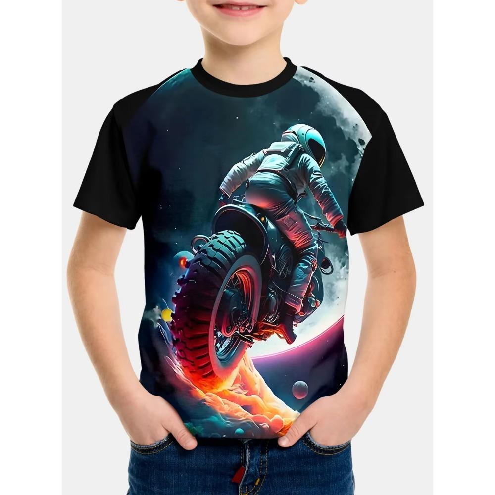 T-shirt da Ragazzo Motociclista T-shirt Stampata 3D per Bambino 2-10 Anni Manica Corta Maglietta Top Bambino Estate Trendy Street Top per Bambini