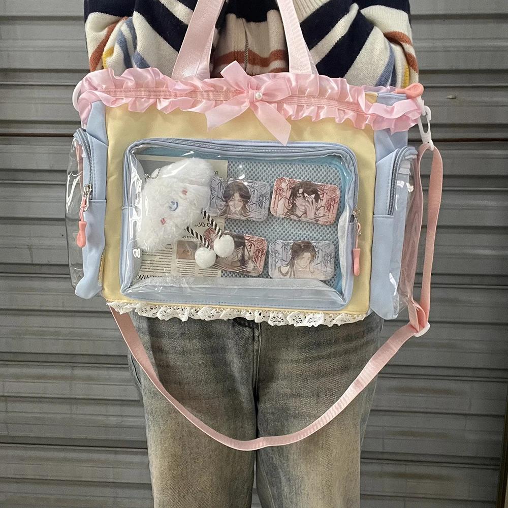New Y2K Cute Lace Bow Ita Shoulder Bag Sweet Girl Transparent Pocket Women Large Capacity Tote Bag DIY Display Crossbody Handbag