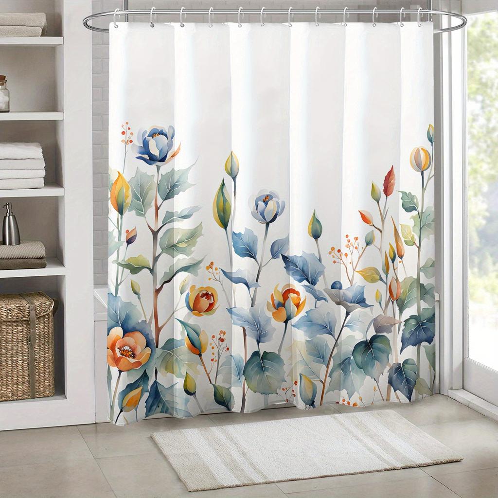 1pc Watercolor Floral and Leaf Striped Autumn Print Shower Curtain   Polyester Fabric   Machine Washable   Suitable for Bathroom