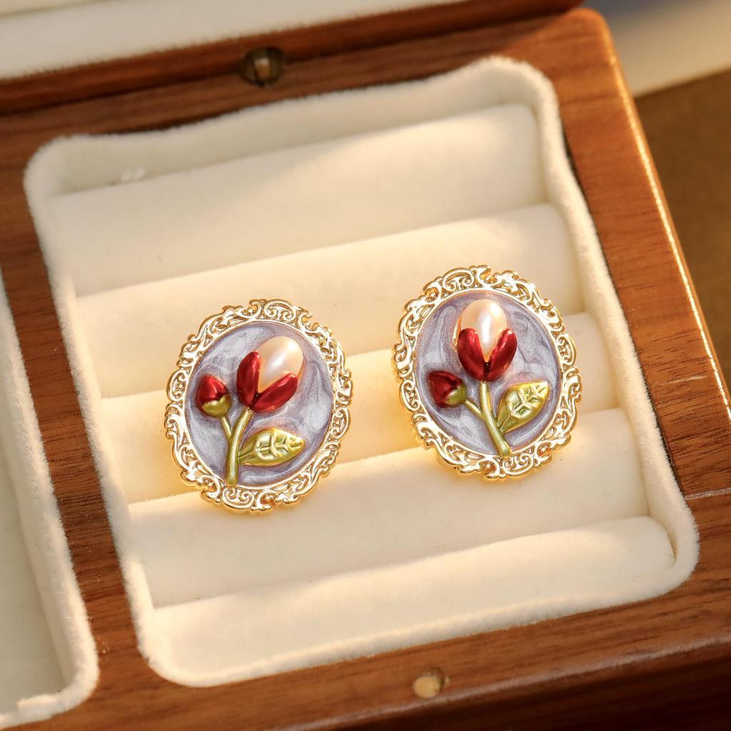 Cercei Originali Noi Stil Chinezesc Trifoi Perle Email Pictură în Ulei