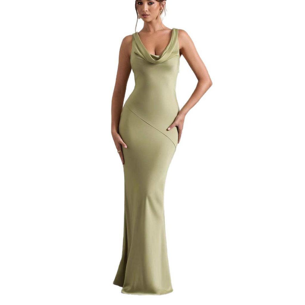 Women's Elegant Luxury Satin Cowl Neck Backless Sleeveless Slim Fit Mermaid Maxi Evening Formal Dress