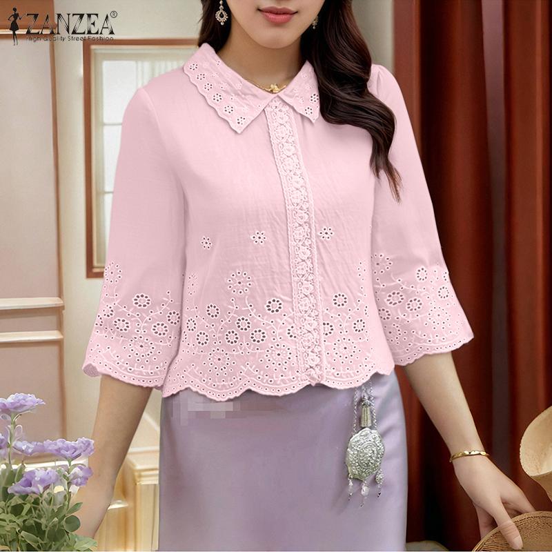 ZANZEA Women Casual Turn Down Collar 3/4 Sleeve Loose Crochet Blouse