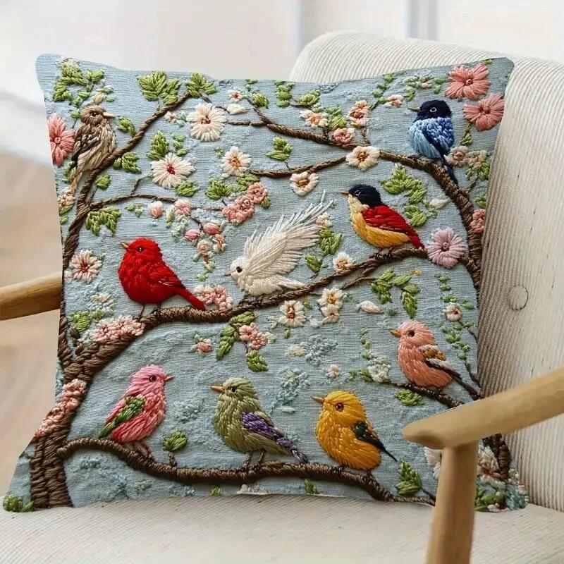 45cm Embroidered Pillow Cover with Colorful Birds and Floral Print for Living Room Decor