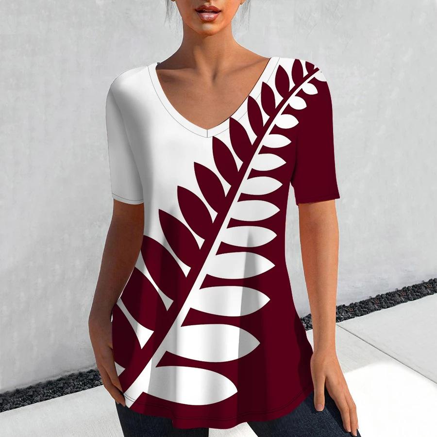 

Женская модная футболка с V-образным вырезом и короткими рукавами с цифровой 3D-печатью свежего листового узора 5XL