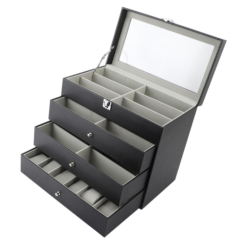 Glasses Display Case Carbon Fibre Grey Liner 4 Tiers 27 Slots Sunglass Glasses Storage Holder Box for Home