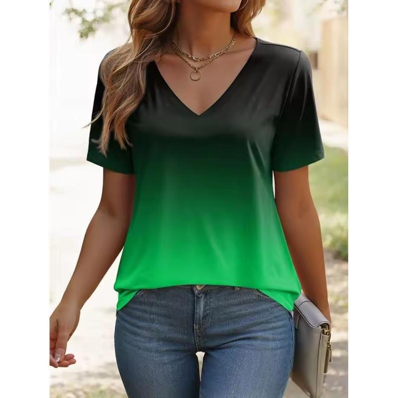 

Женская футболка Омбре 3D Графика Стильная Повседневная С коротким рукавом V-образный вырез Обычные топы Ежедневный принт Летний Градиент Женская Модная Футболка 6XL