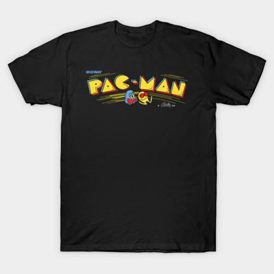 Men Black Print T-shirt Pac-Man Arcade Tshirt No-Cut Heat Transfer Print Cotton Tshirt