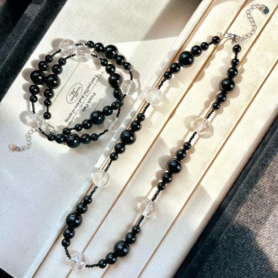 High Quality Gradual Change Smile Design Natural Black Agate White Crystal Necklace Collarbone Chain