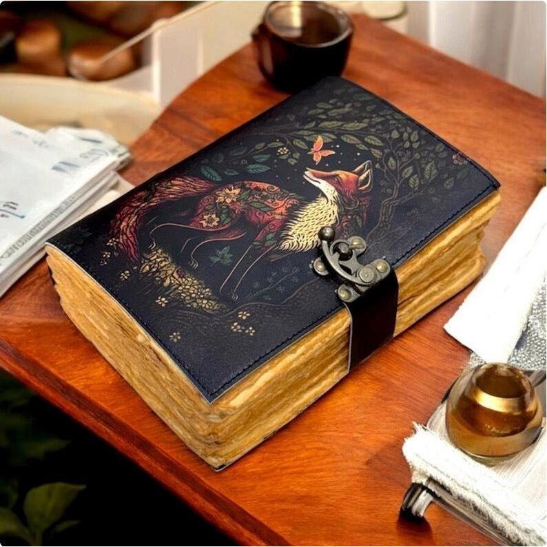 Large Leather Grimoire Journal | Fox Print Spell Book | Blank Book of Shadows | Handmade Leather Journal | Witchcraft Gifts for Him