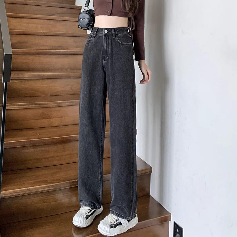 

Black-Grey High-Waisted Wide-Leg Jeans for Women - New Autumn/Winter Plus Size, Loose Fit, Slimming, Floor-Length, Ins Style, Good Drape XL серый/чёрный