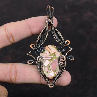 Copper Pink Opal Pendant Copper Wire Wrapped Pendant Dainty Pendant Pink Opal Jewelry Gemstone Pendant For Gift Handmade Copper Wire Jewelry