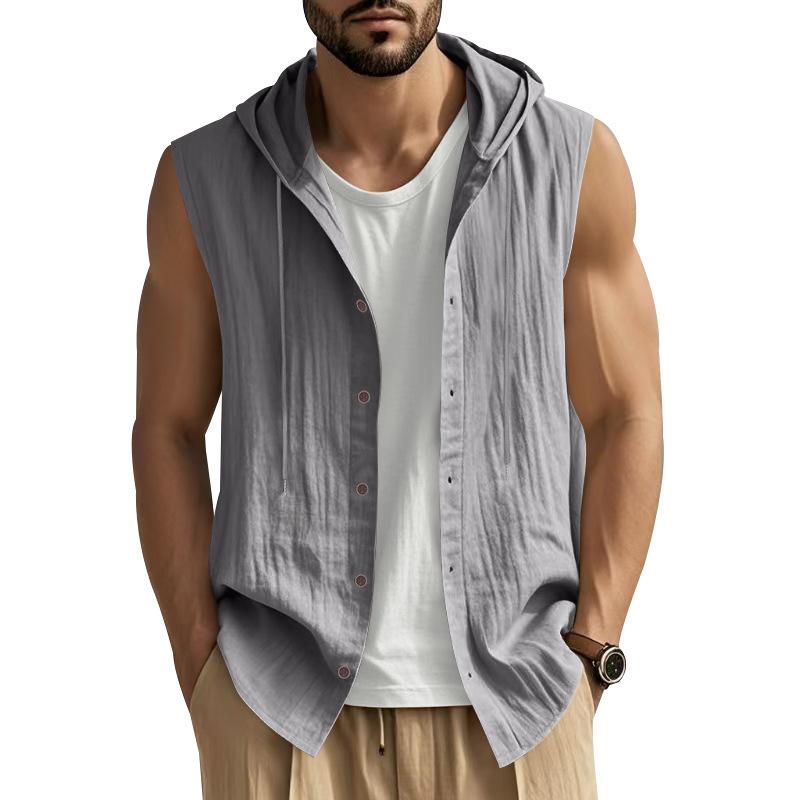 2025 Summer Mens Sleeveless Shirt New Men Loose Casual Linen Hooded Shirt Male Thin Waistcoat Male Trendy Casual Shirt