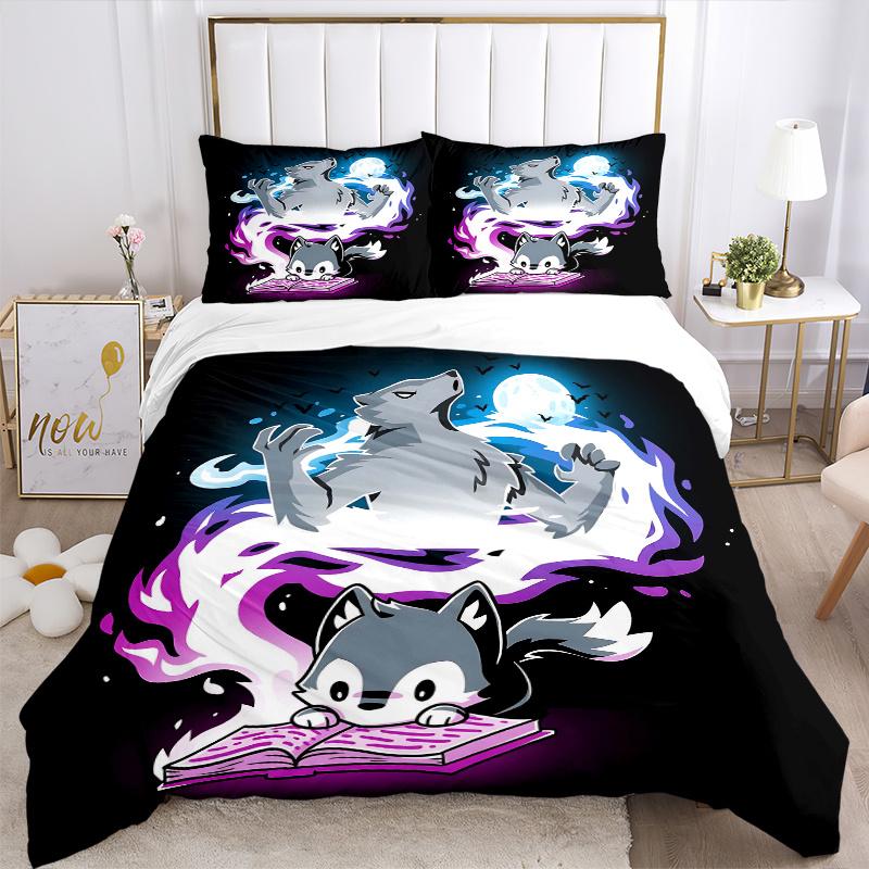 3-teiliges Magischer Wolf Aufdruck Bettwäsche-Set, Weiche und Bequeme Bettbezüge für Schlafzimmer, Gästezimmer (1 Bettbezug + 2 Kissenbezüge, Kissenkerne Nein