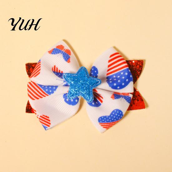 Holiday Photo Props Independence Day Bow Hair Clip for Girls, Red Blue White Glitter Hairpin, Double Layer Cute Styling Clips with Sequins Star,