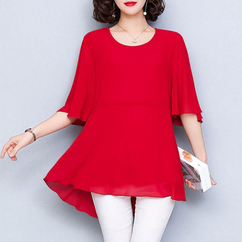 Maglietta da donna in chiffon taglie forti, con bordo estivo in pizzo, manica media, top da ufficio
