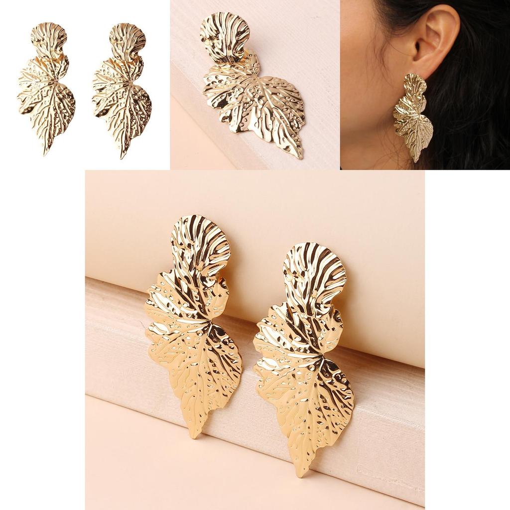 Metal Leaf Earrings With Gold Coating And Bold Design For Women