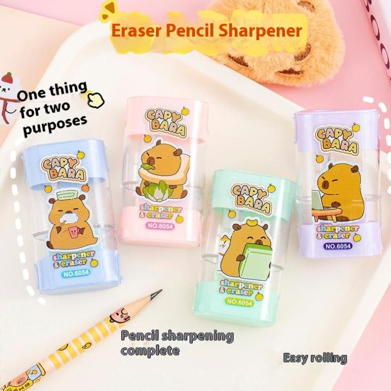 

4pc Set Adorable Capybara Cartoon Manual Pencil Sharpener and Eraser - Perfect Student Gift