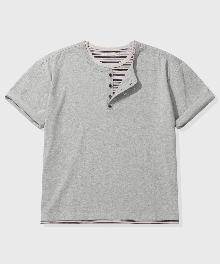 KIIMUIR [Crop] Striped Layered Henley Neck Short Sleeve T-Shirt_Melange Gray