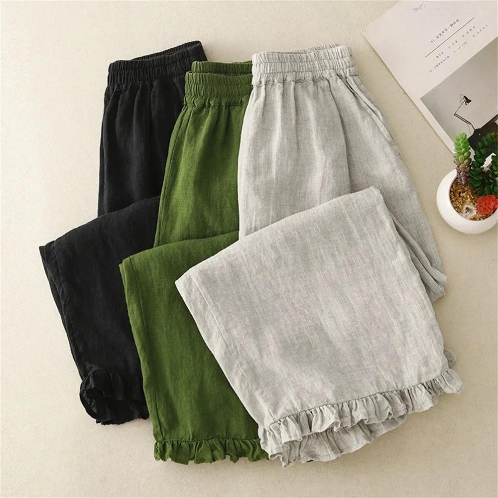 Wood Ear Trim Cotton and Linen Wide-leg Pants Women's Summer Loose Slimming Casual Cropped Pants Linen High-waisted Lantern Pants