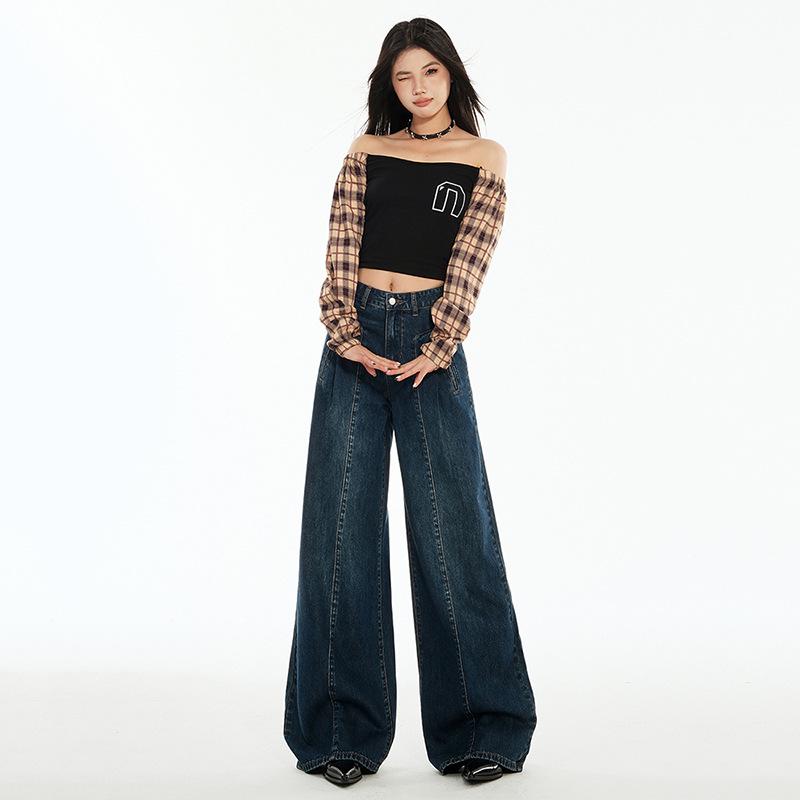 Women's Autumn High-Waisted Hong Kong Style Floor-Sweeping Loose Jeans