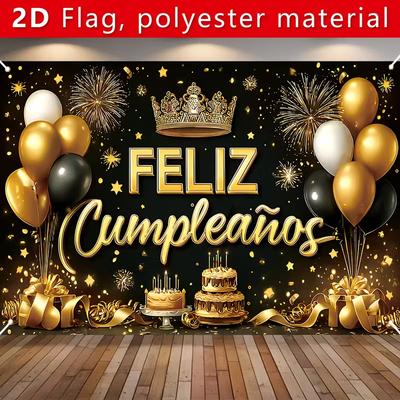 Bandiera di Compleanno 2D Oro Nero Feliz Cumpleaños Tessuto di Sfondo 2D per Festa a Tema Spagnolo