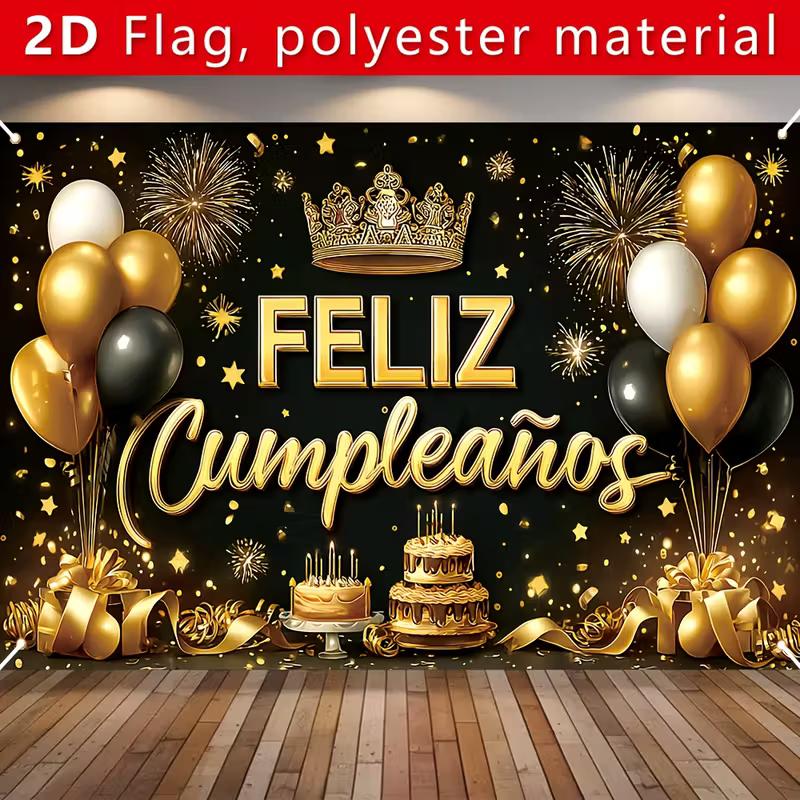 2D Spanish Happy Birthday Backdrop, Black Gold Balloon & Crown Banner, Fiesta Party Decor