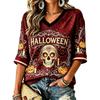 Women's Halloween Print V-Neck T-Shirt Casual Festive Party Top