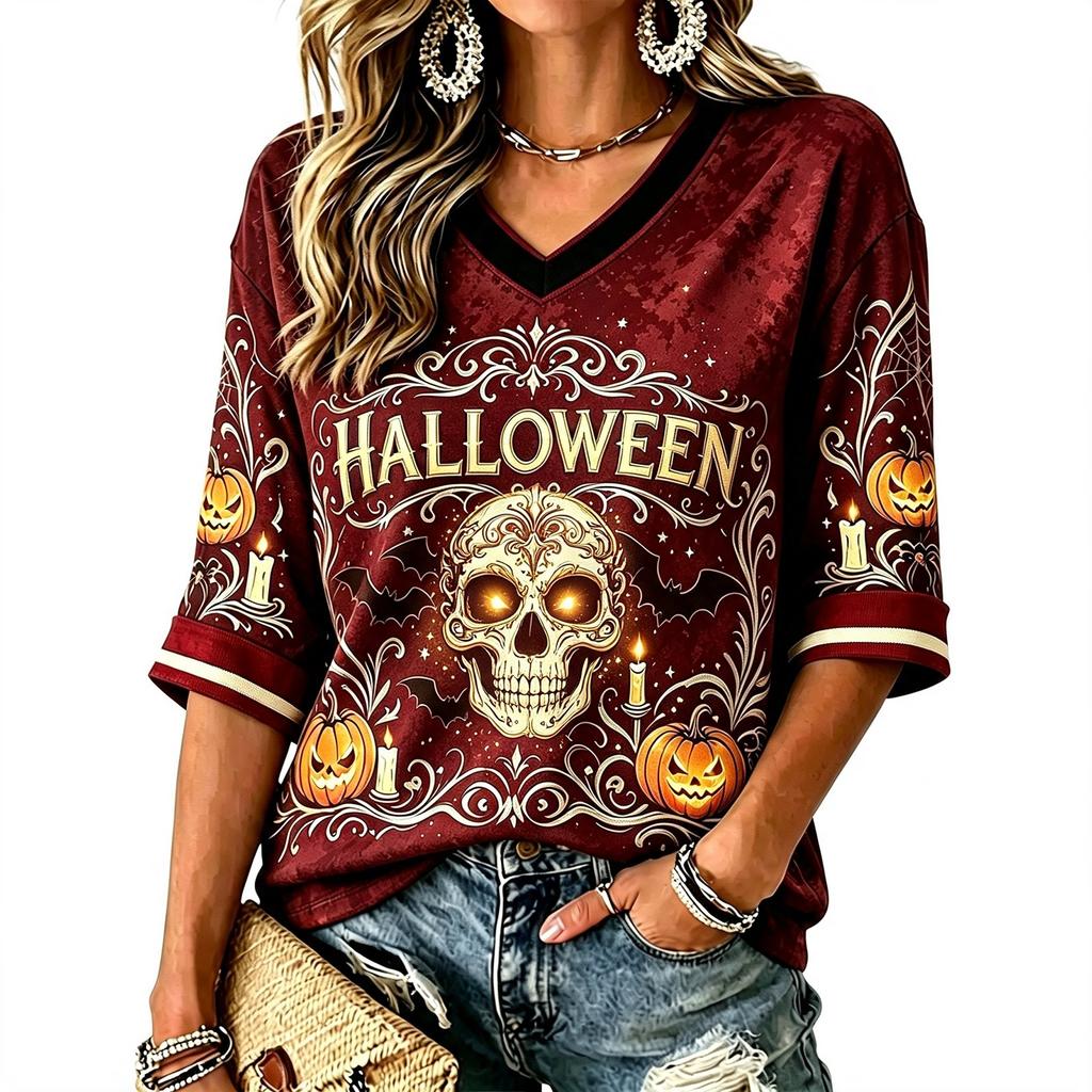 Women's Halloween Print V-Neck T-Shirt Casual Festive Party Top