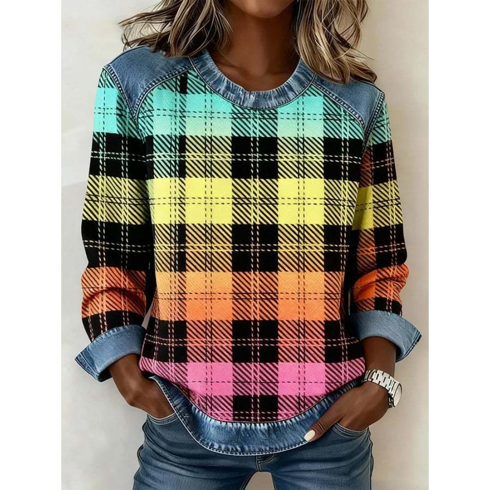 Damen karierter Patchwork-Kapuzenpullover aus Kunstdenim, Rundhals lockeres lässiges Sweatshirt, Mode bequemes Streetwear-Oberteil