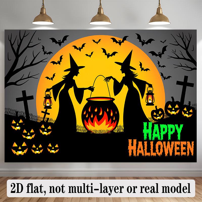 Party Backdrop Halloween Flat Witch Silhouette Pumpkin Lanterns Graveyard Winter Parties Celebration Photo Booth Front Door Decor