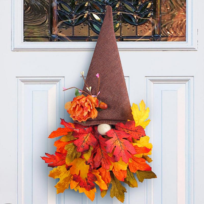 Autumn Wreath Gnome Hat Maple Leaf Wreath Christmas Decoration Front Door Hanging Ornament Window Restaurant Home Decorations