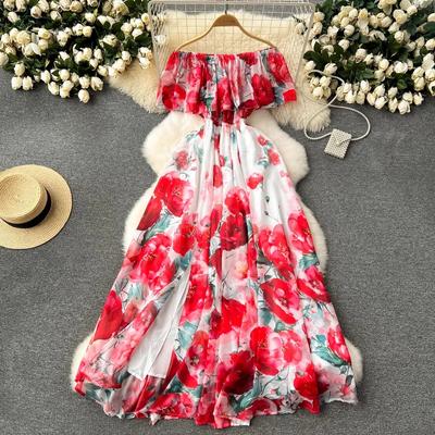 Summer Off Shoulder Gorgeous Flower Holiday Chiffon Dress Women Slash Neck Floral Print Elastic Waist Long Robes