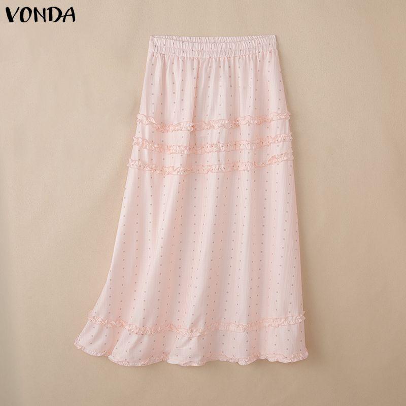 VONDA Women Elastic Waist Polka Dots Casual A-Line Pleated Swing Skirts
