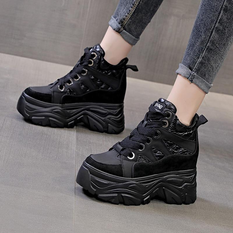 Fashion Genuine Leather Ankle Boots 8CM Spring Fashion Ladies High Platform Wedge Heels Chunky Boots Winter Plush Snow Shoes Woman