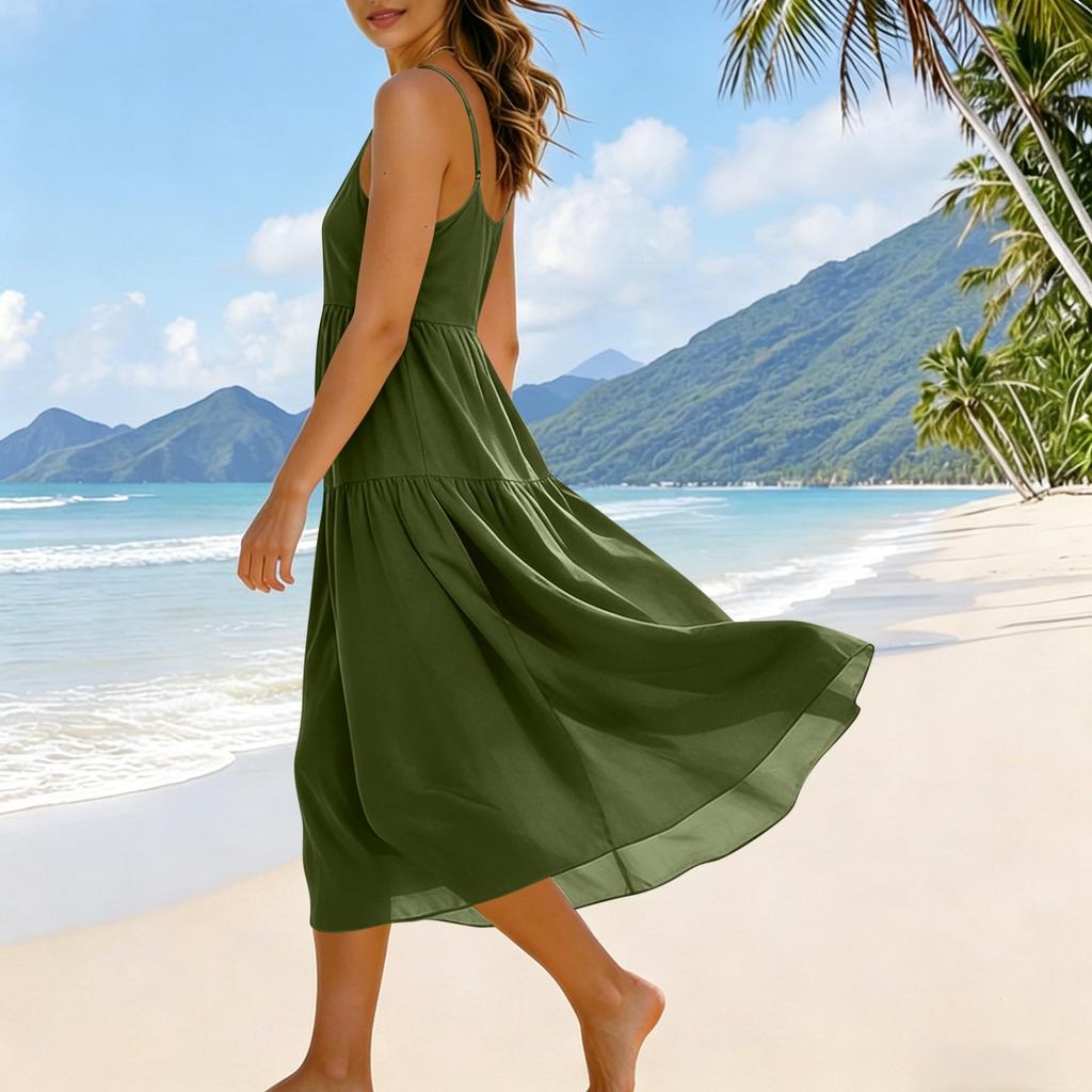Zomerjurk voor dames, mouwloos, met verstelbare bandjes, bohemien, midi, met zakken, voor strandvakantie, casual kleding