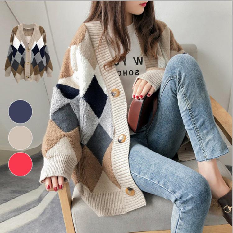 Women's Autumn Winter Diamond V-Neck Mid-Length Loose Cardigan Sweater