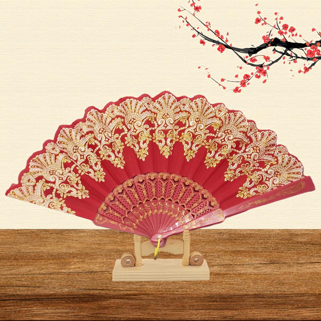 1pc Bronzing Flower Pattern Folding Fan Chinese Style Silky Fan Ancient Costume Accessories Dance Performance Props