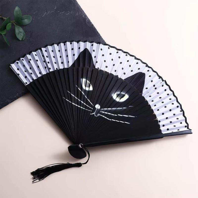 Wooden Bamboo Folding Fan Exquisite Cartoon Cat Pattern Summer Hand Fan for Home Patio Decor Graduation Souvenir Gift