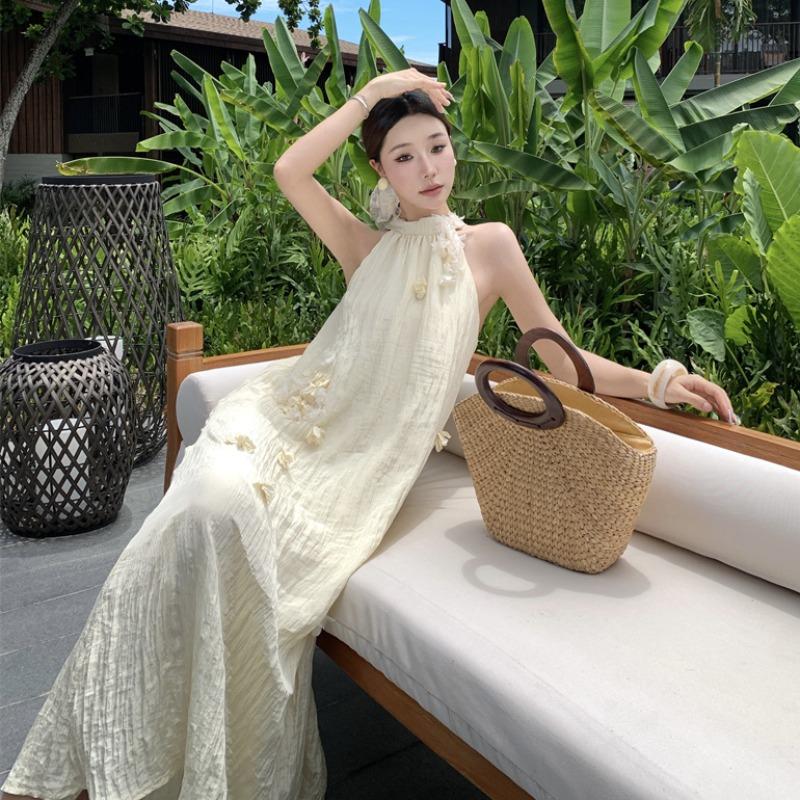 Summer New Elegant Flower Neck Pleated A-Line Loose Dress
